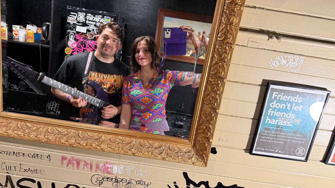 Kaylie and Charlie Caswell pose for a mirror selfie backstage before Berried Alive's first live performance together at the Hawthorne Theatre in Portland, Oregon.