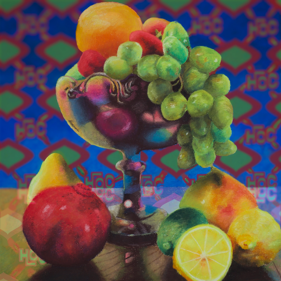 A still life painting of a Carnival glass bowl of colorful fruit