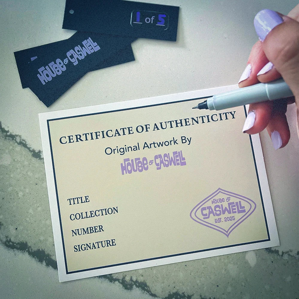 Signed Certificate of Authenticity for a limited edition House of Caswell piece, numbered and documenting the artwork’s place within a finite collection.