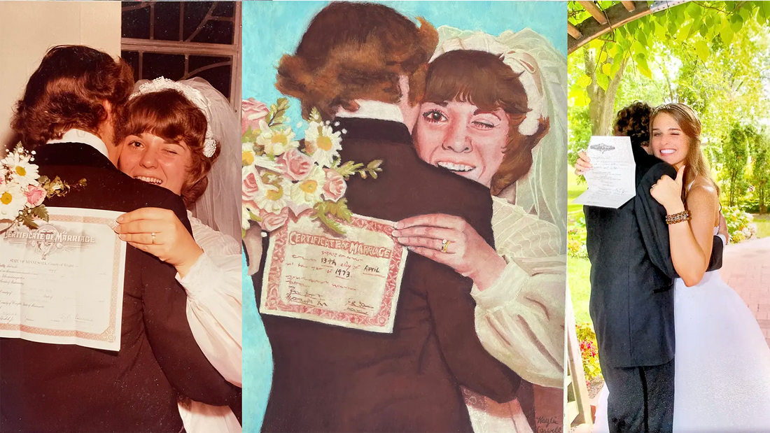 A three-panel collage featuring a vintage wedding photograph of Kaylie Caswell’s parents holding their marriage certificate, a painted reinterpretation of the image created by Kaylie, and a modern recreation photographed on Kaylie’s own wedding day.