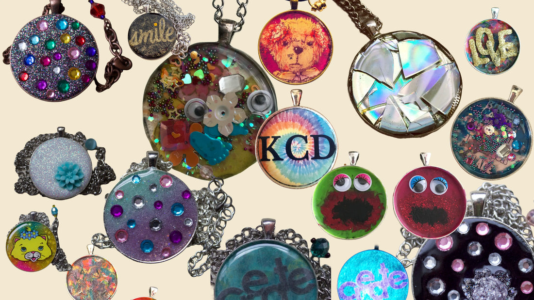 Collage of handmade resin pendant necklaces created by Kaylie Caswell throughout the years, featuring glitter, rhinestones, illustrations, typography, and experimental mixed-media designs.