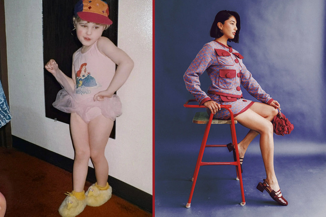 Side-by-side image showing Kaylie Caswell as a child posing playfully in a swimsuit, tutu, colorful hat, and Big Bird slippers next to a modern House of Caswell editorial image of a model wearing the Carly jacket and skirt from the Still Life collection.