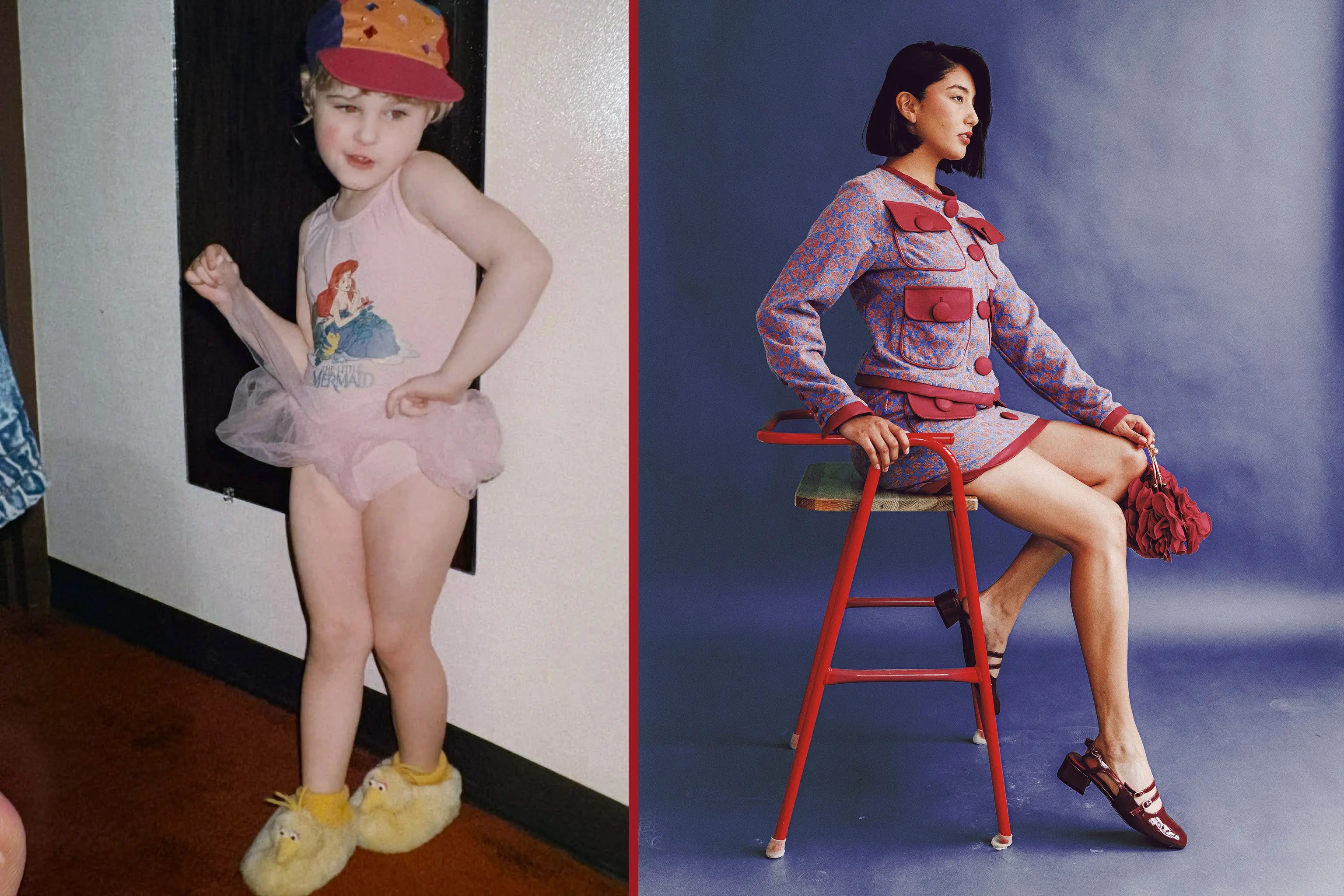 Side-by-side image showing Kaylie Caswell as a child posing playfully in a swimsuit, tutu, colorful hat, and Big Bird slippers next to a modern House of Caswell editorial image of a model wearing the Carly jacket and skirt from the Still Life collection.
