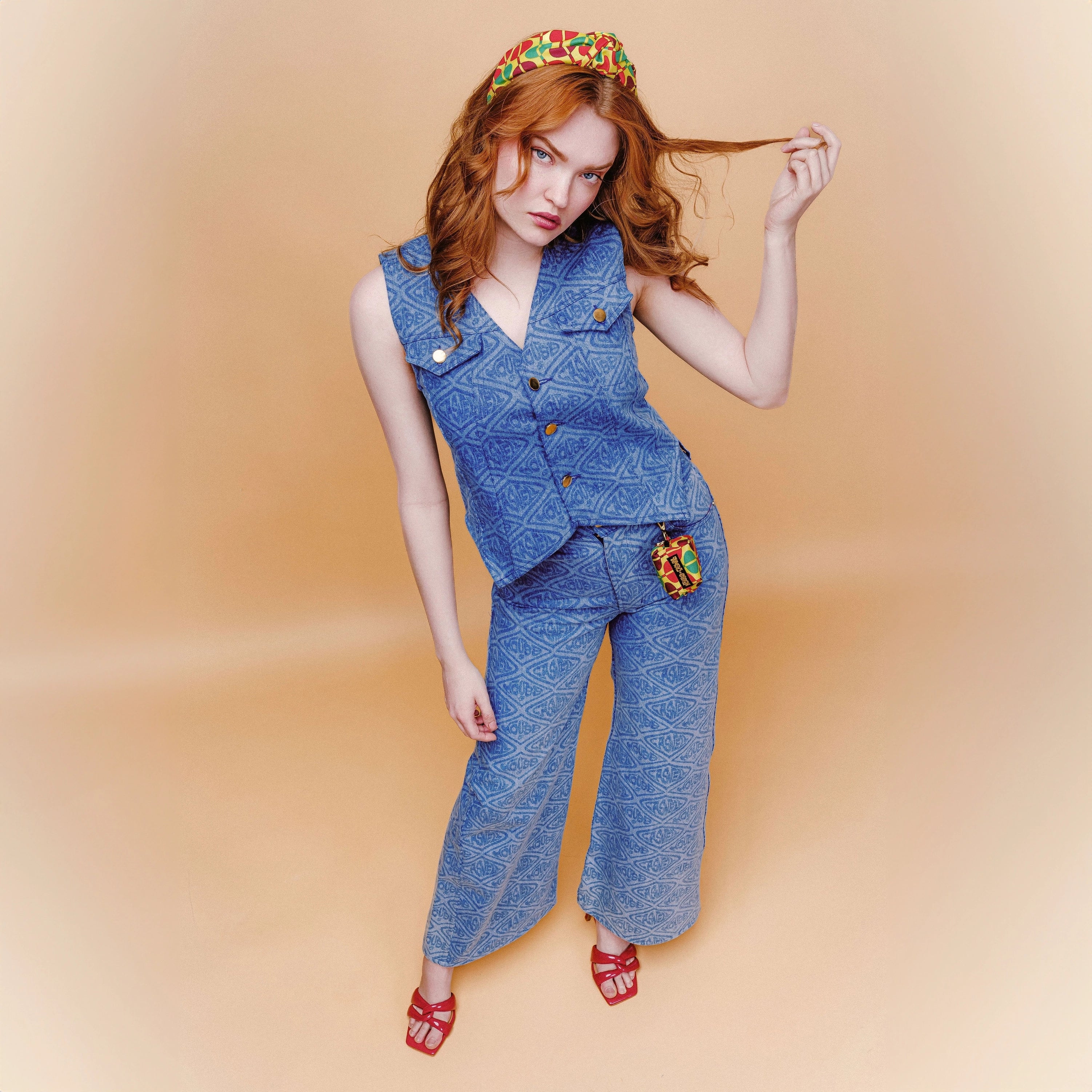 Adriana Printed Denim Vest and Jeans Ensemble