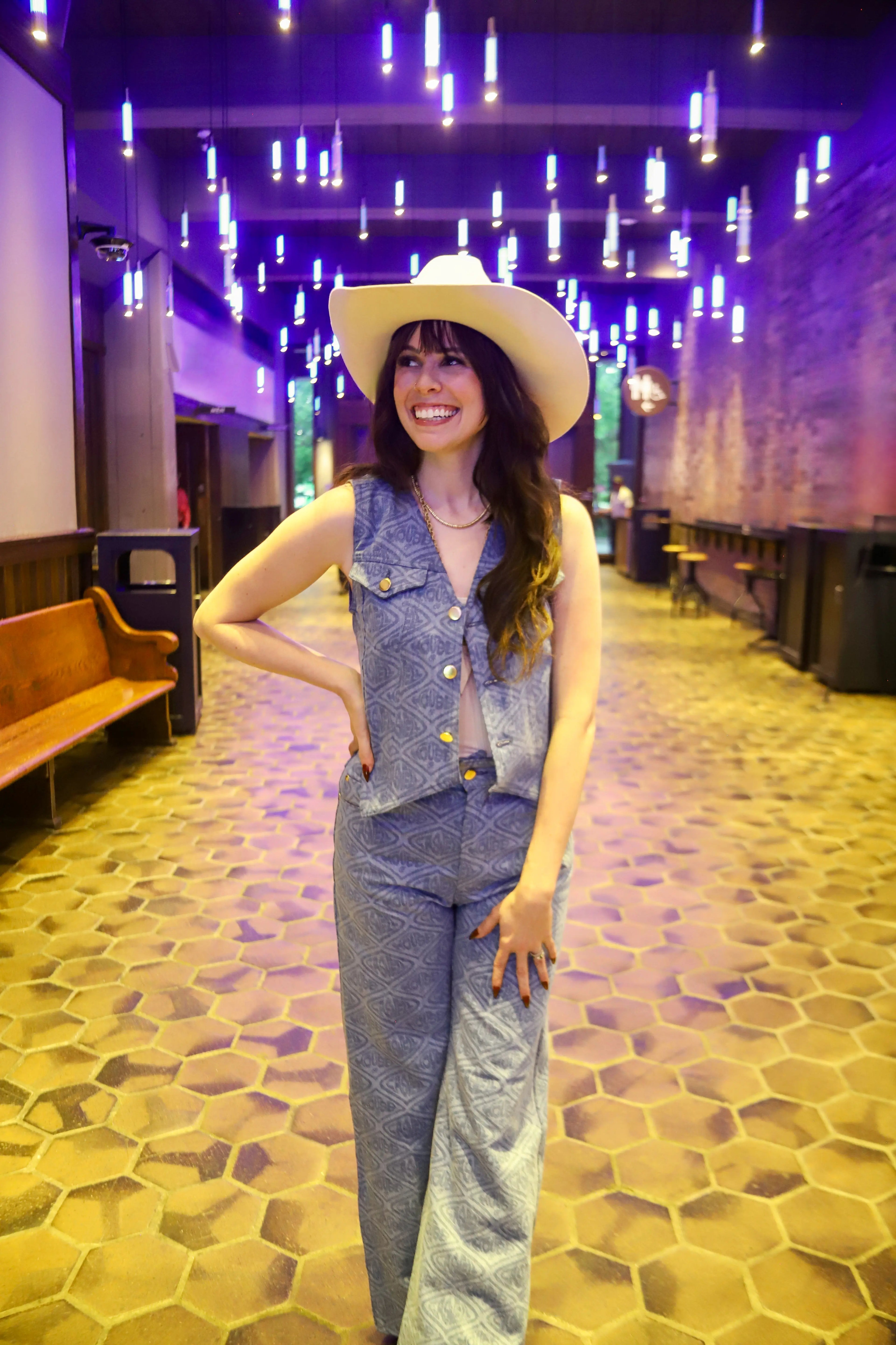Adriana Printed Denim Vest and Jeans Ensemble