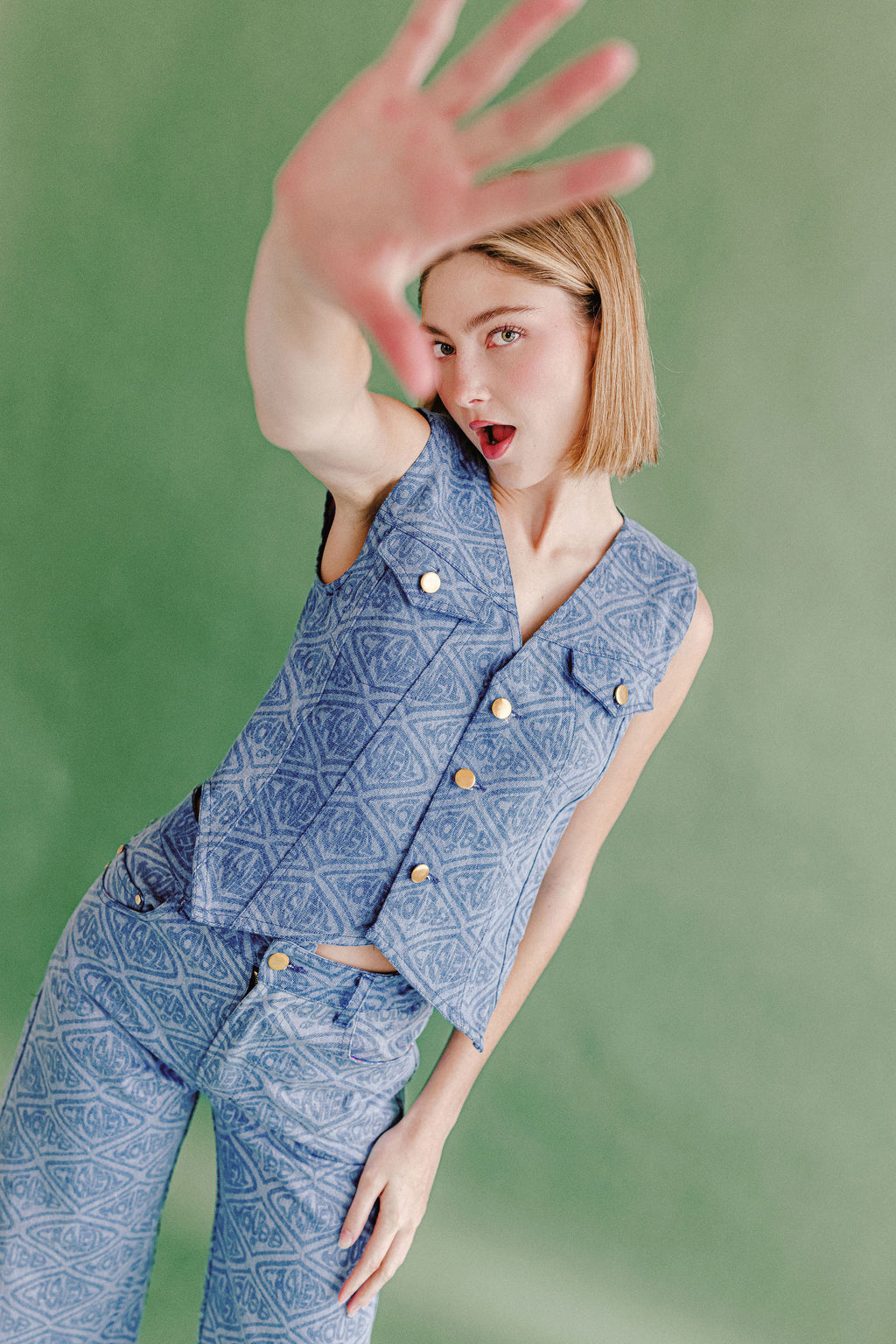 Adriana Printed Denim Vest and Jeans Ensemble
