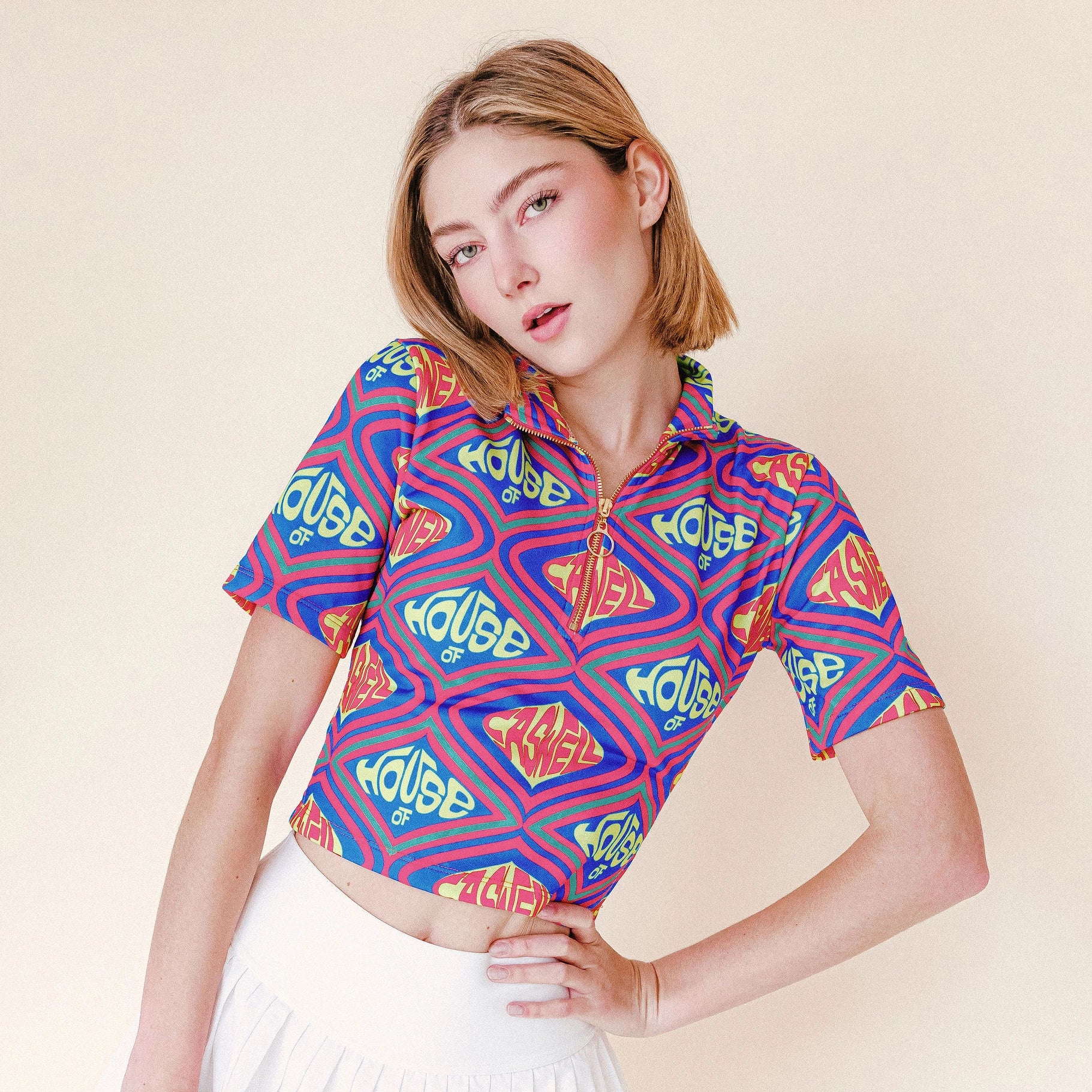 Monogram Print Knit Mock Neck Top | House of Caswell